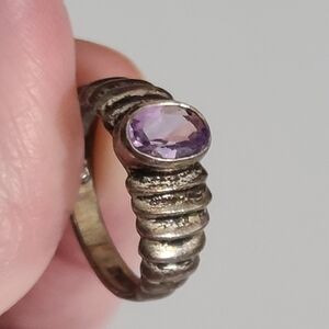 Vintage sterling silver amethyst ring sz 6 gemstone ribbed oval estate vtg